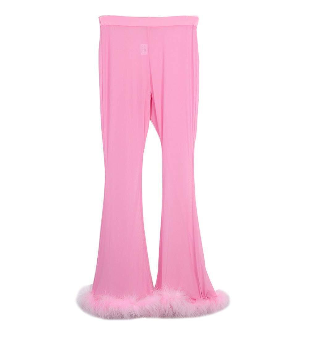 3968 Rave Tie Front Sheer Feather Trim Mesh Faux Fur Leg Pants Blouse Music